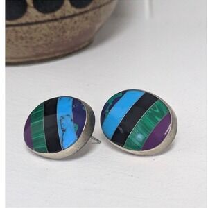 Vintage Taxco Sterling Silver Multi Stone Large‎ earrings Turquoise & Malachite
